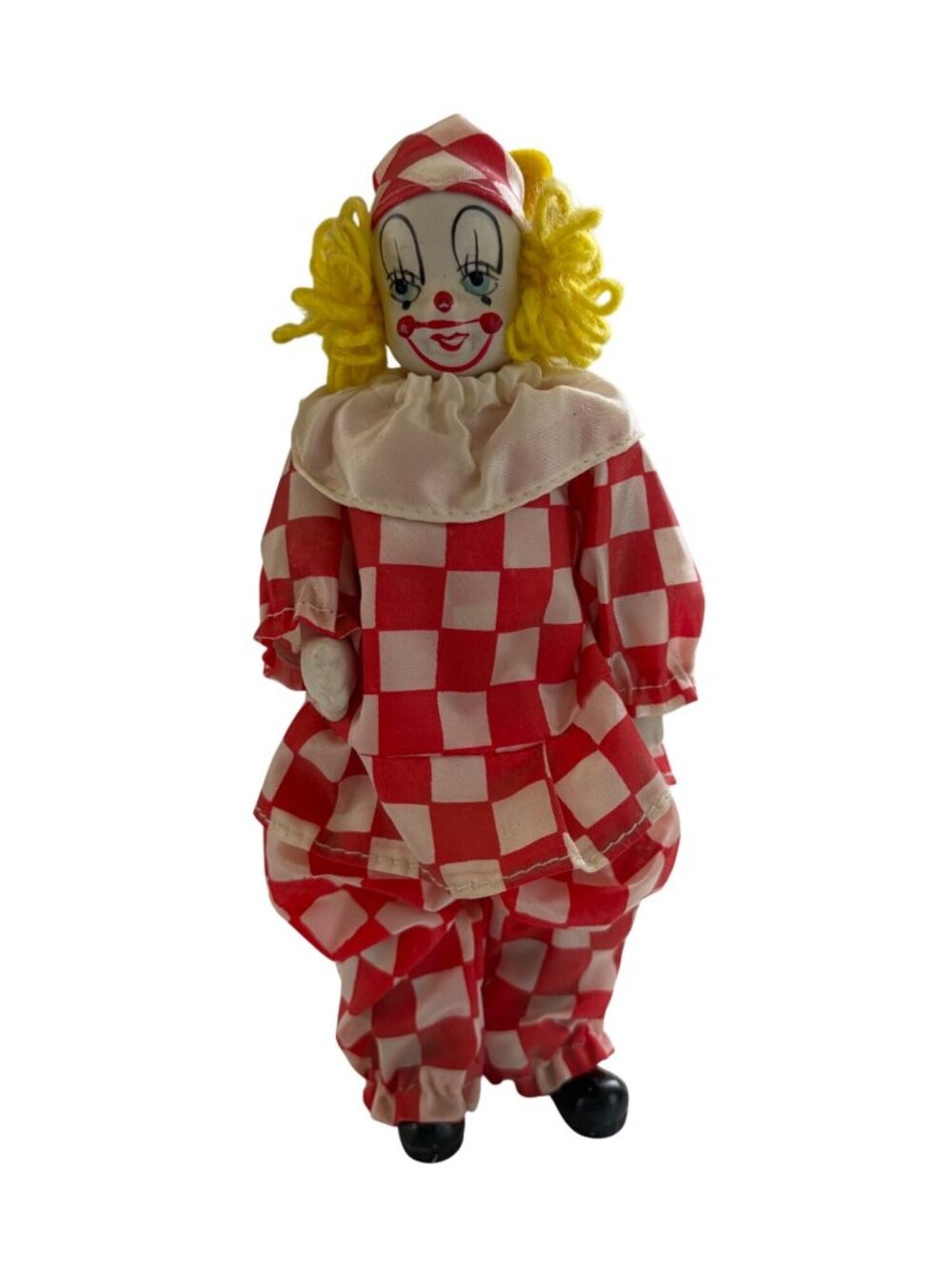 Vintage Red & White Harlequin Checkeredboard Clown Doll Yarn Hair Figurine